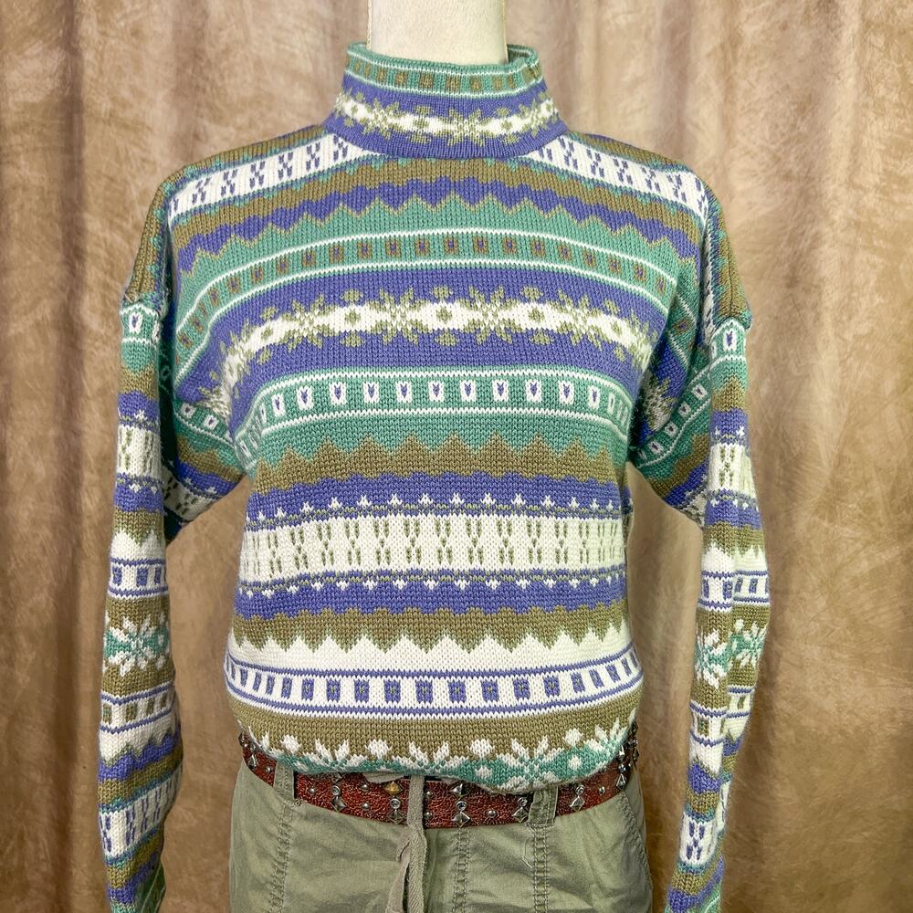 Vintage Fair Isles Sweater 90s Knit Multicolor Long Sleeve Nordic Ski Cabincore